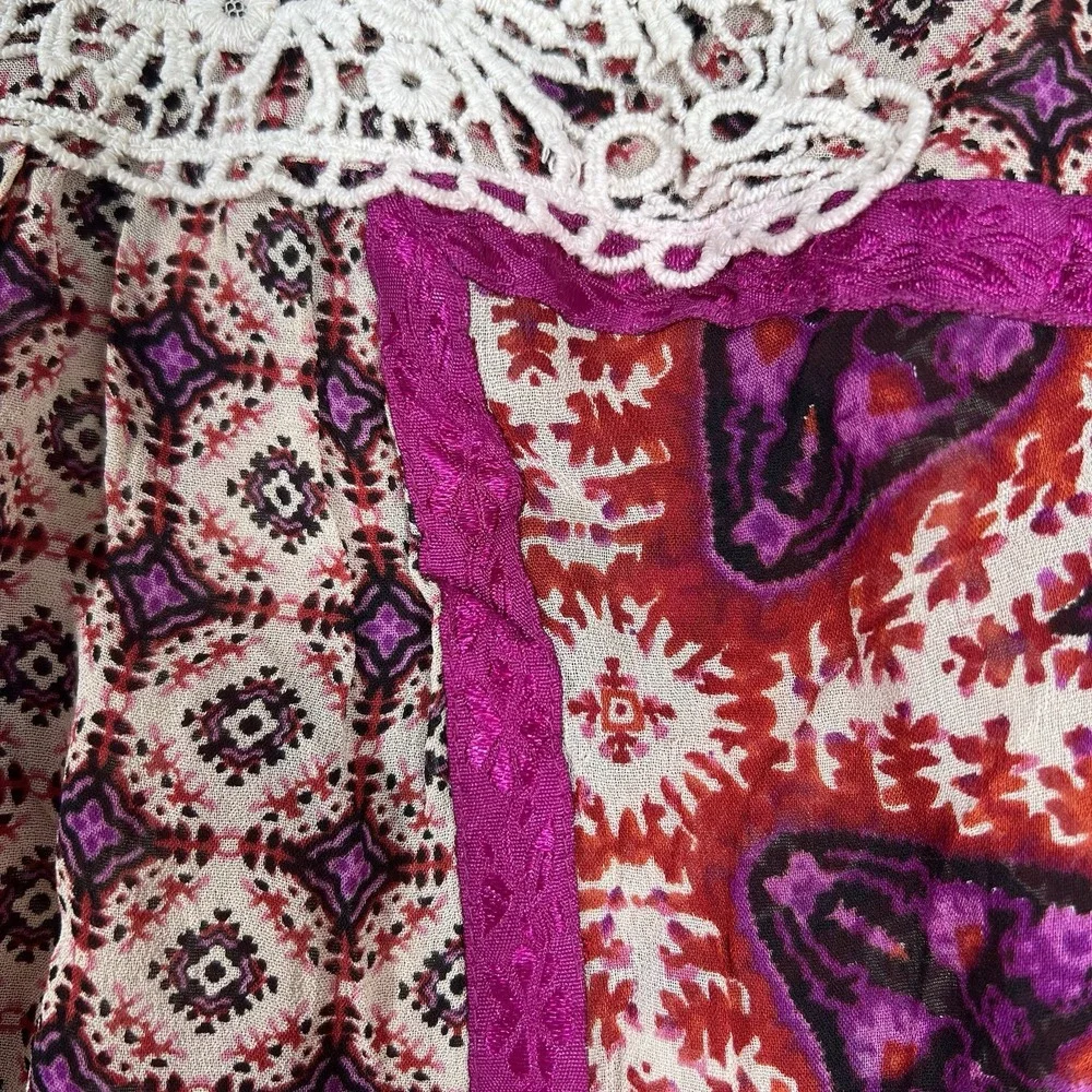 Bila Women XXL Billabong‎ Semi Sheer Crochet Trim Patchwork Tunic Boho Peasant